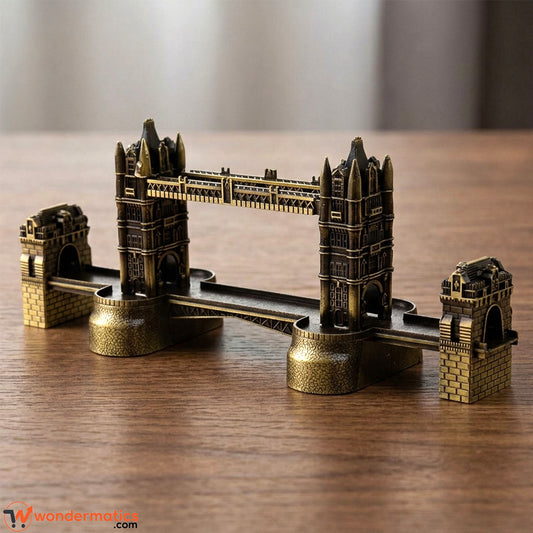 A miniature bronze-colored model of London's Tower Bridge displayed on a wooden tabletop with a blurred indoor background.