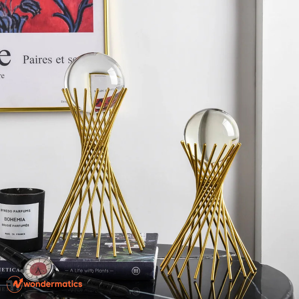 Luxury Crystal Ball Set of 2 with Gold Twisted Stand – Modern Table Decor