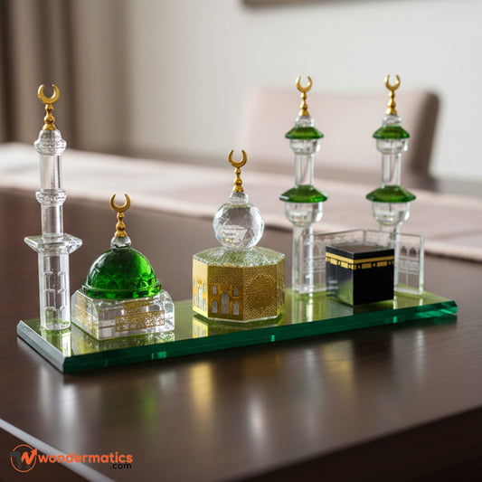 Luxury Crystal Islamic Showpiece with Kaaba, Masjid Nabawi, and Maqam-e-Ibrahim – Spiritual Gift & Home Decor