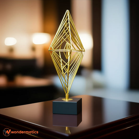 Luxury geometric gold sculpture with diamond wireframe on black base – modern home décor piece