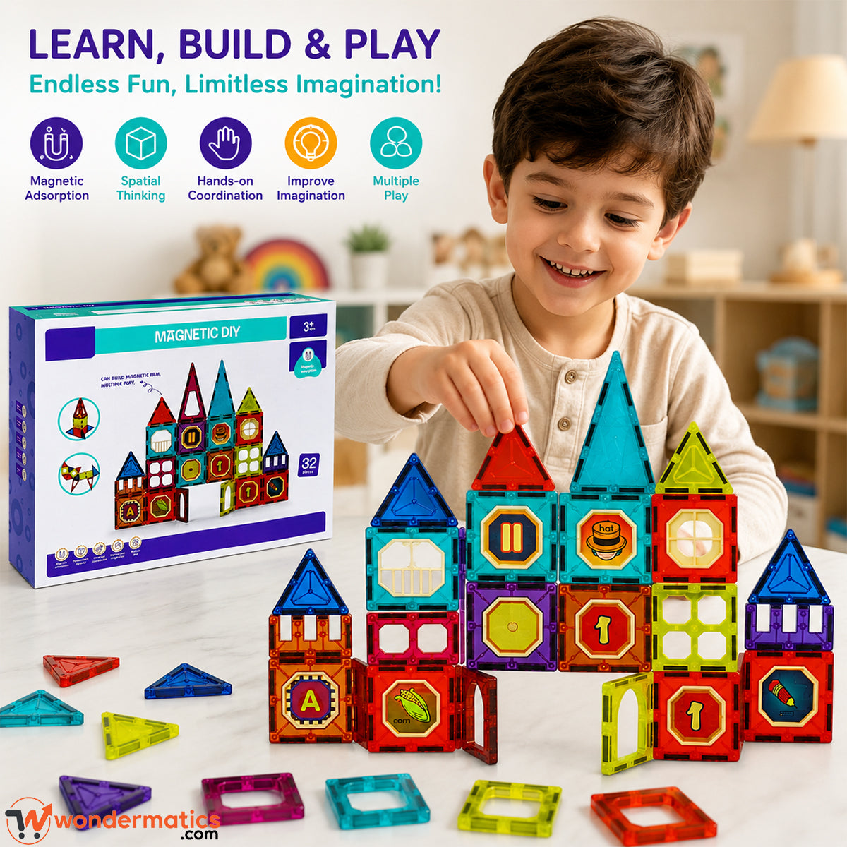 Young child playing and building with magnetic building blocks set