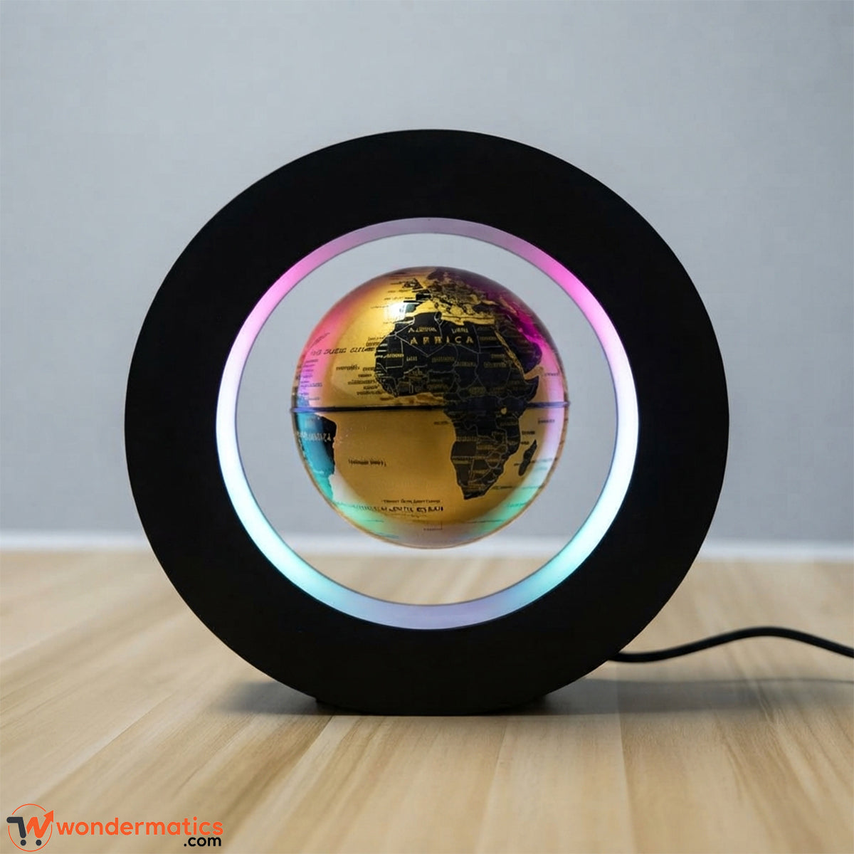 Magnetic levitation floating globe lamp with a world map globe inside a circular black frame and glowing LED ring