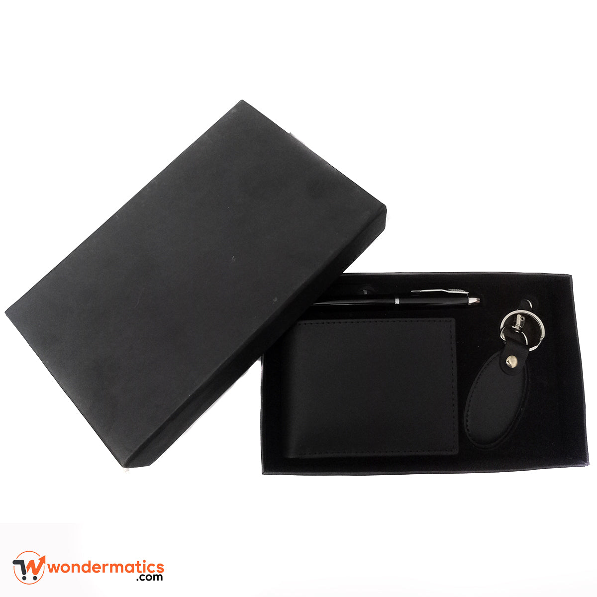 Men’s premium gift set with leather wallet, pen, and keychain, customizable