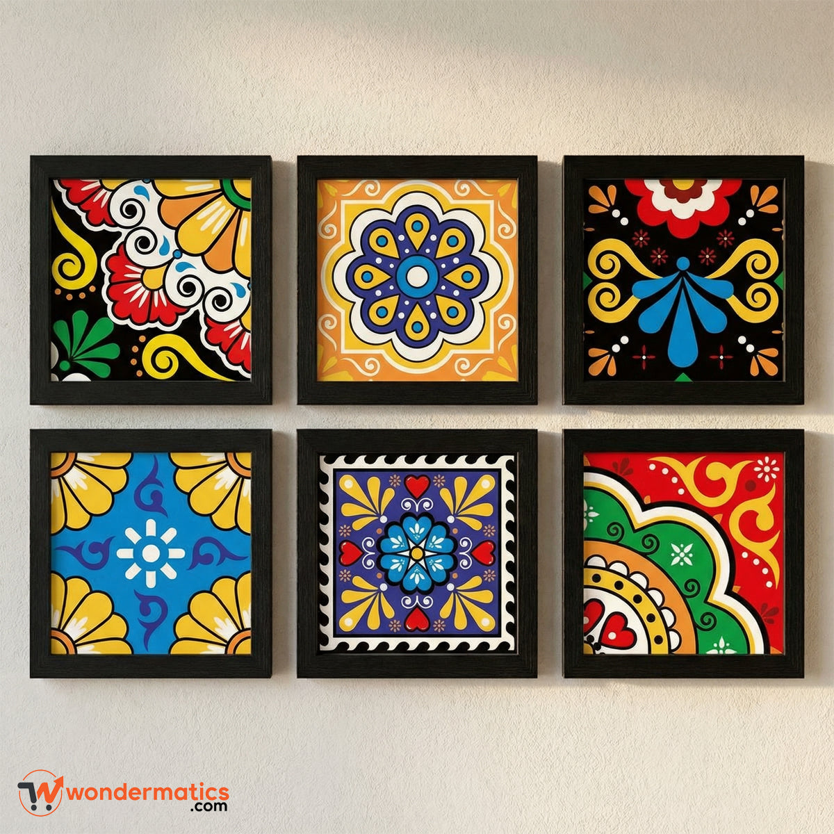 modern black wall frames set with vibrant artwork for bedroom decor