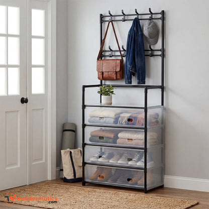 Modern dustproof shoe rack and coat organizer showing full storage design for home