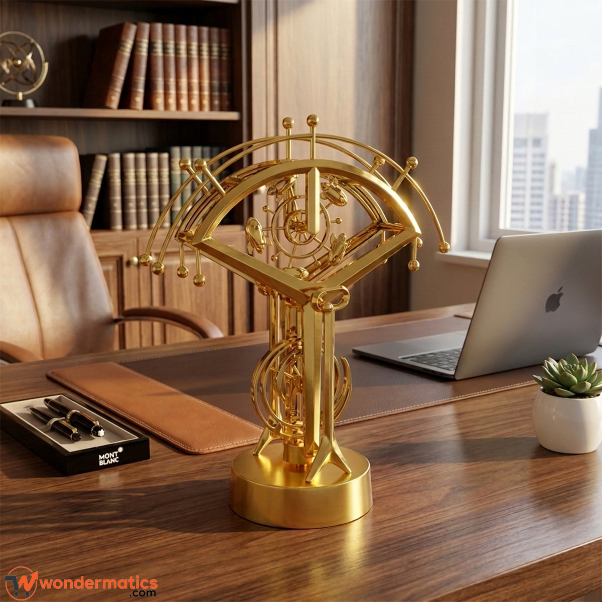 Modern gold mechanical art statue with dynamic balancing arms and a circular gear center for office table interior decoration