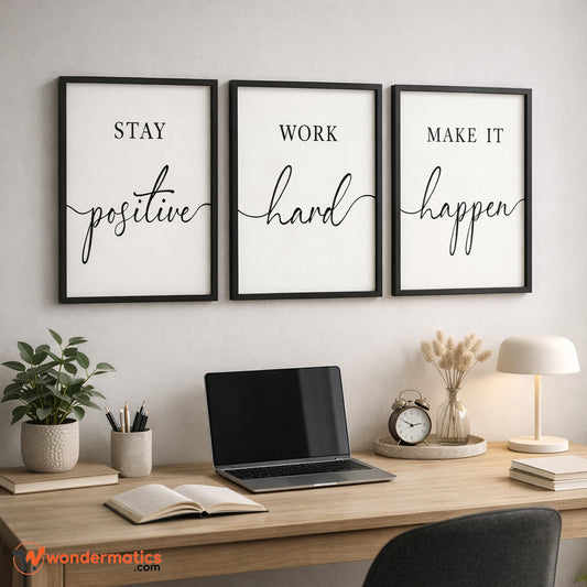 Motivational 3-piece wall frame set with stay positive work hard quotes