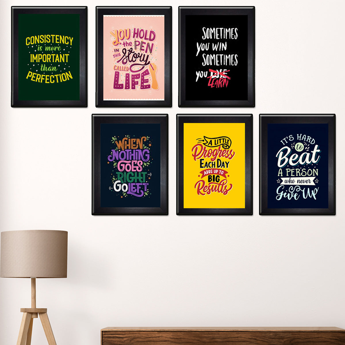 Front view of Pack of 6 Black Motivational Quote Frames for wall and table decor
