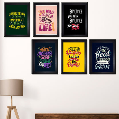 Front view of Pack of 6 Black Motivational Quote Frames for wall and table decor
