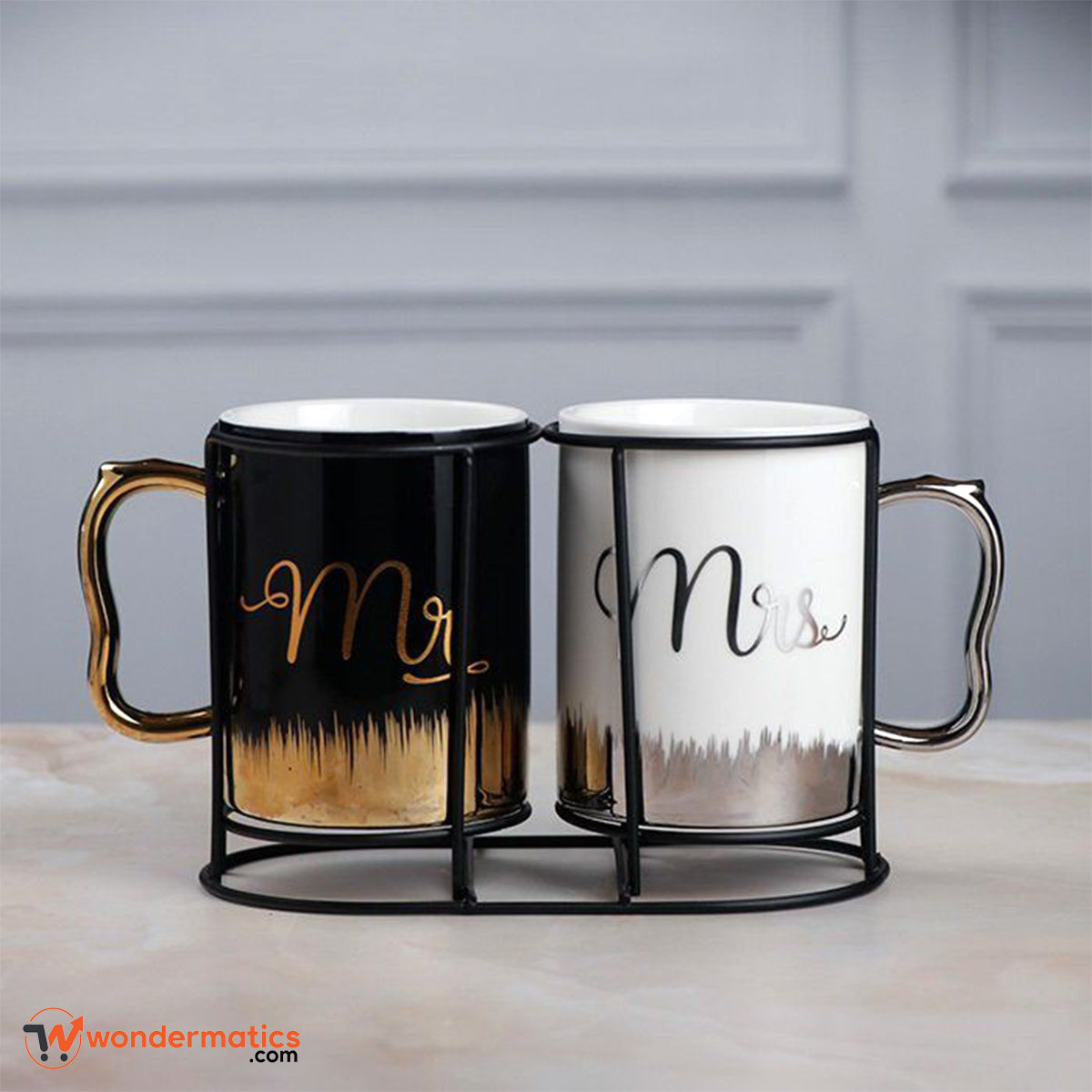 Mr and Mrs Ceramic Coffee Mugs Set with Stand – Couple Gift