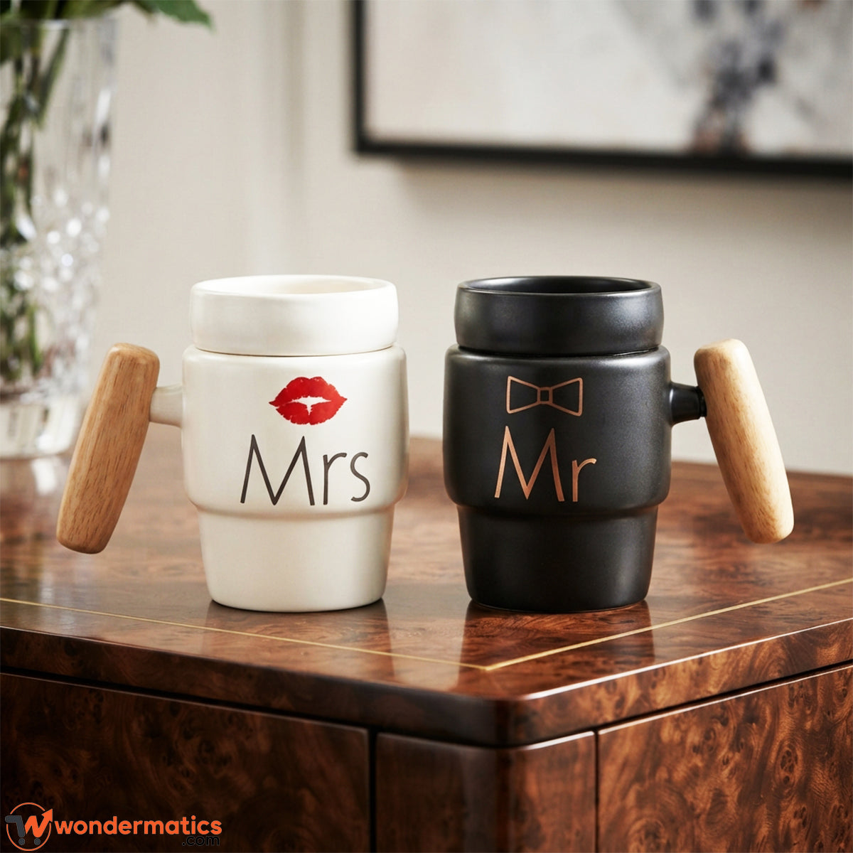 Mr and Mrs ceramic couple mug set with wooden handles and lids