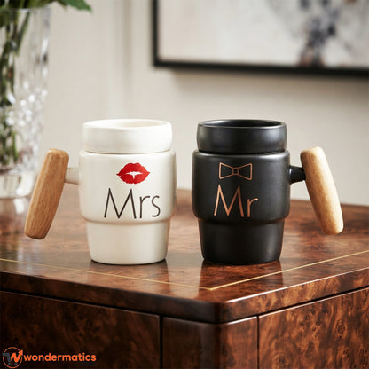 Mr and Mrs ceramic couple mug set with wooden handles and lids