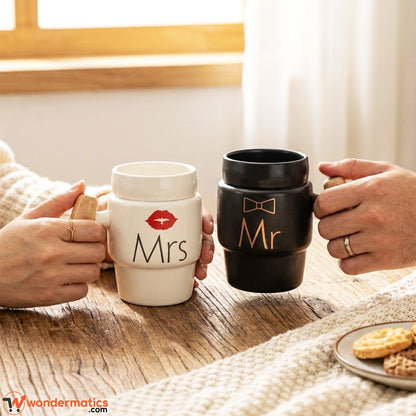 Mr and Mrs mug set displayed as a couple's gift on a table