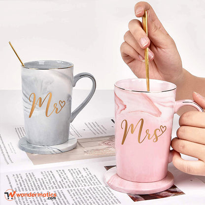 Mr and Mrs marble coffee mug set with lid and spoon