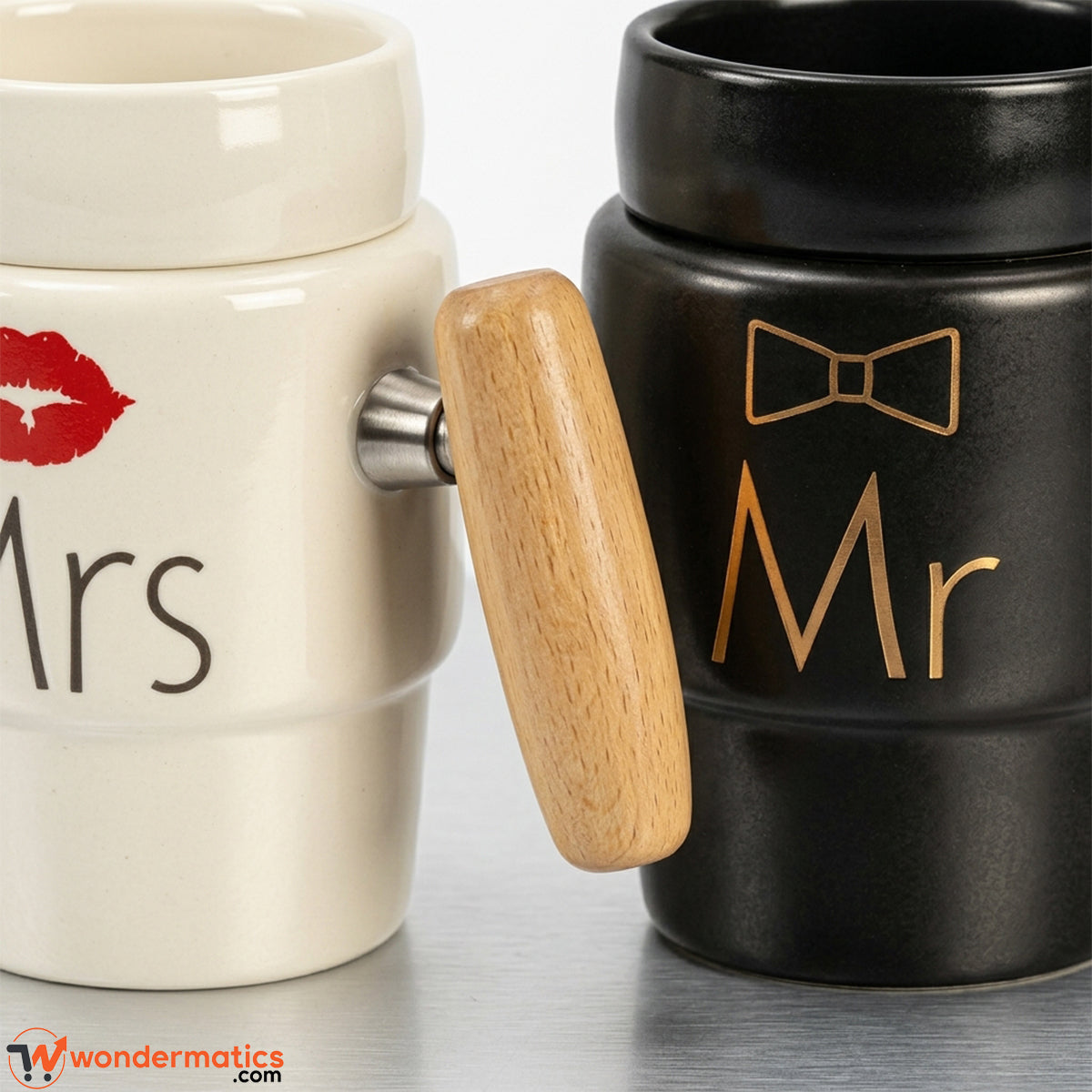 Close up of cylindrical wooden handle attached to ceramic mug