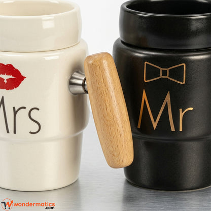 Close up of cylindrical wooden handle attached to ceramic mug