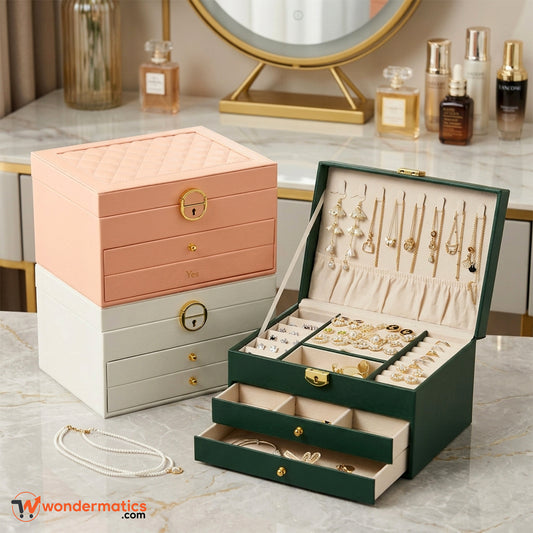 Multi-layer PU leather jewelry box organizer with lock and key in pink green and white
