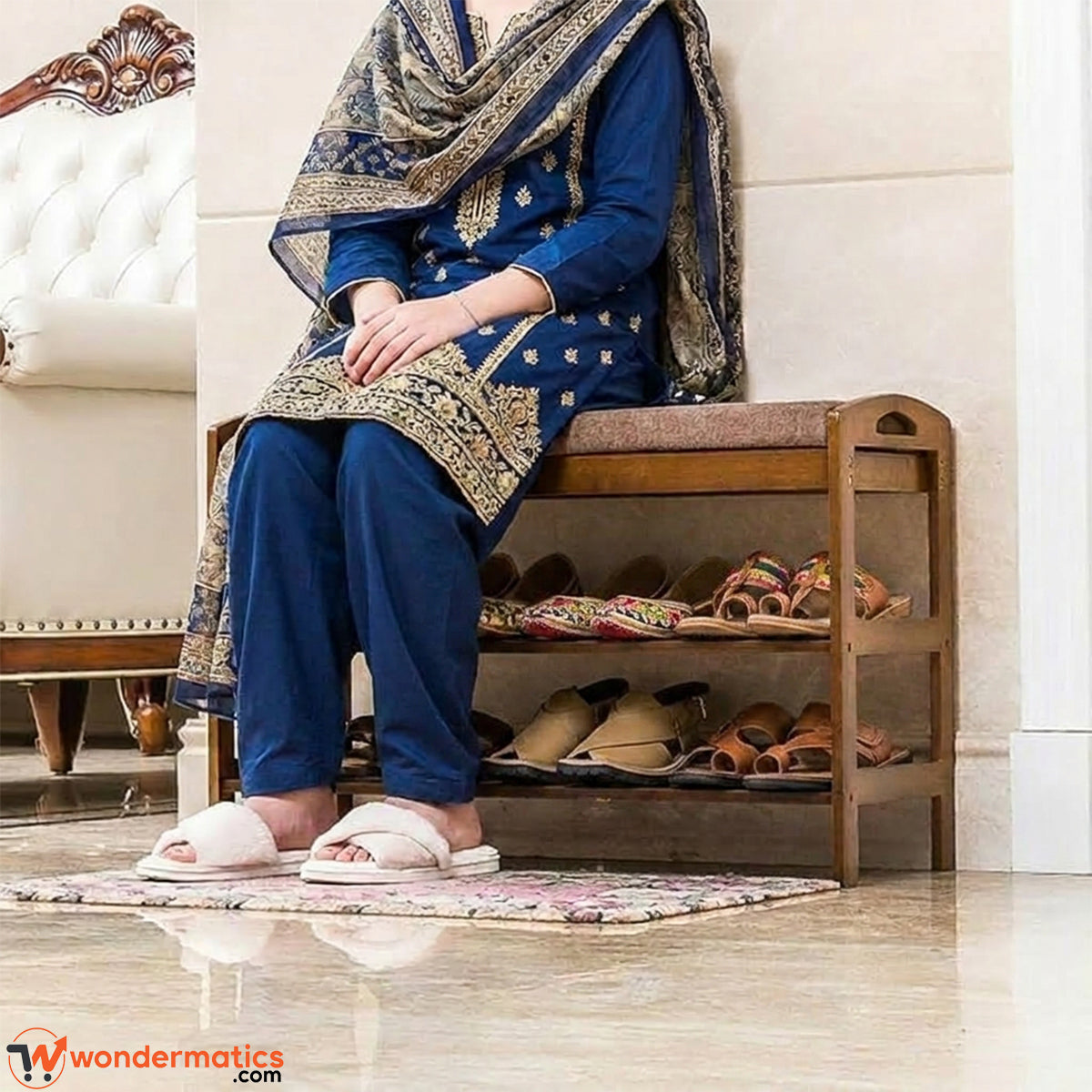 Premium wooden shoe organizer bench designed for shoe storage, hallway organization and comfortable seating in modern homes.