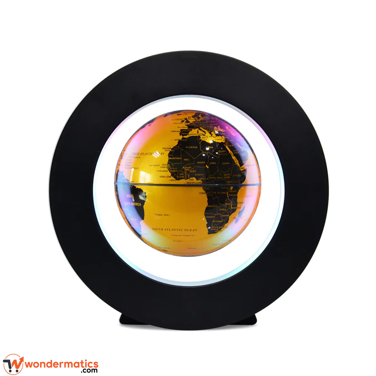Floating globe lamp with multicolor LED lights glowing around the globe