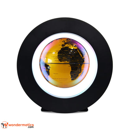 Floating globe lamp with multicolor LED lights glowing around the globe