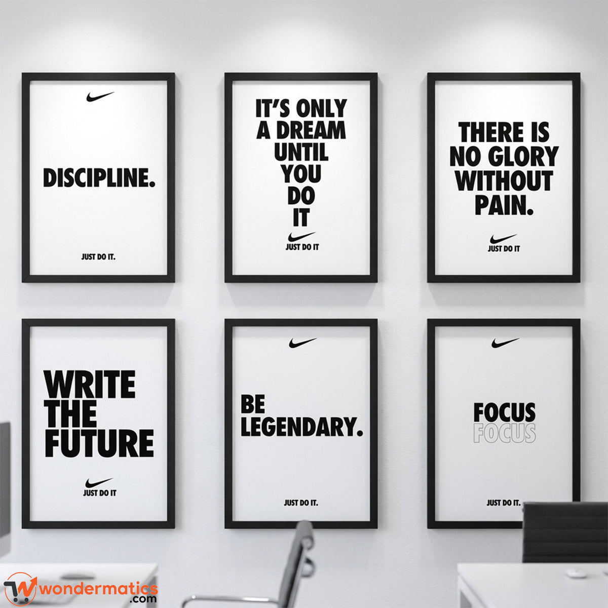 Six framed Nike motivational wall art prints arranged in a 2x3 grid on a white wall. The prints feature black text on white backgrounds with black Nike swoosh logos and the phrase 'Just Do It.