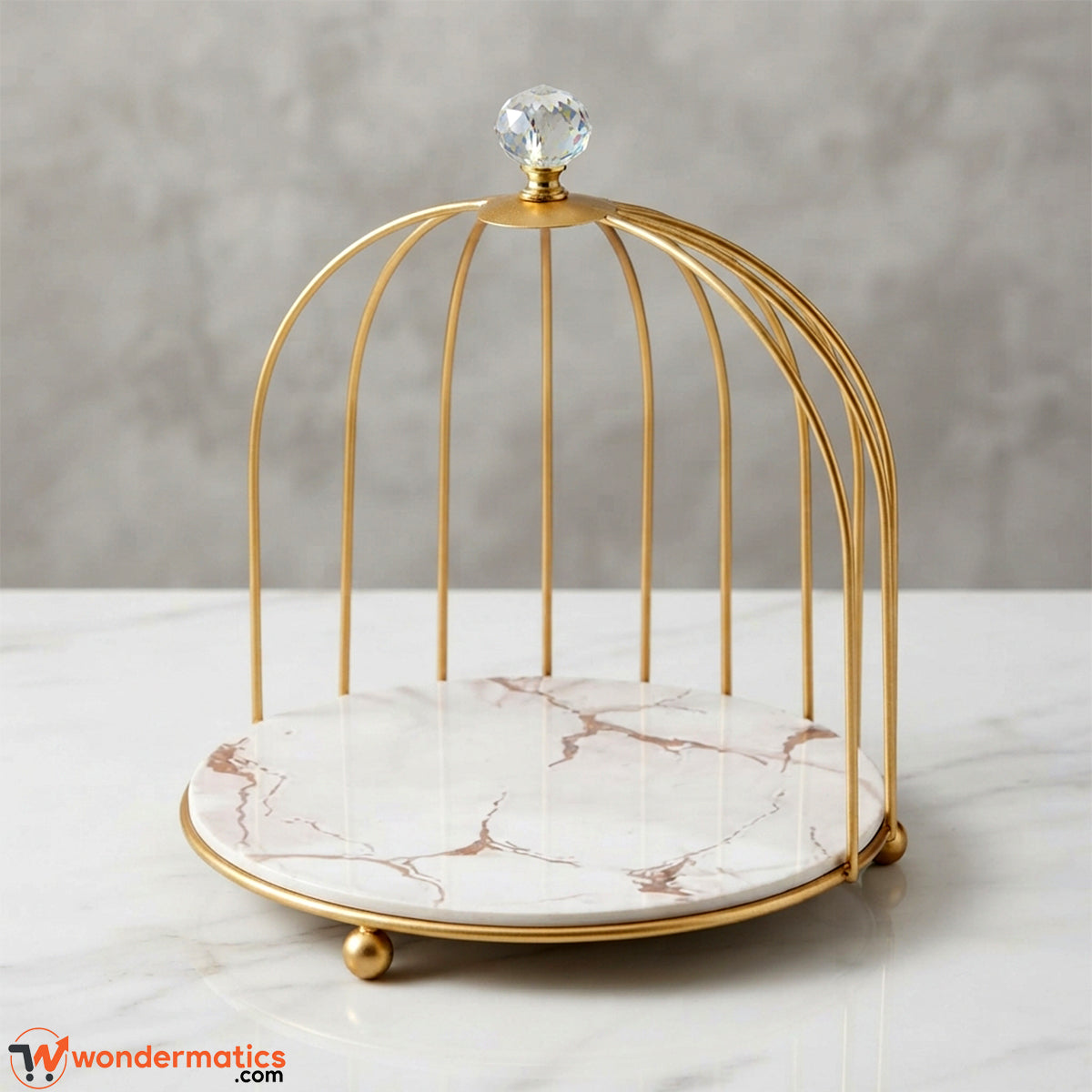 Nordic gold cage storage rack with marble-texture glass base and crystal-style top knob