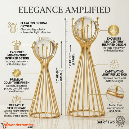 Infographic showing key features of Wondermatics 12 Inch, 10 inche Gold Electroplated Stand with Clear Crystal Ball Showpiece