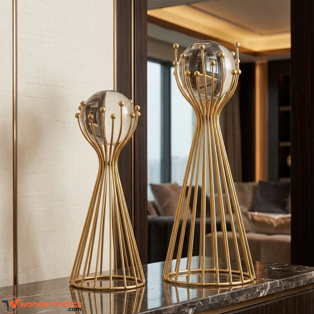 Nordic Gold Metal and Crystal Ball Showpiece Set of 2 for Home and Office Decor
