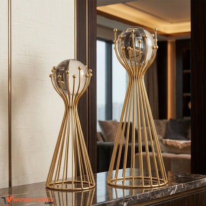 Nordic Gold Metal and Crystal Ball Showpiece Set of 2 for Home and Office Decor