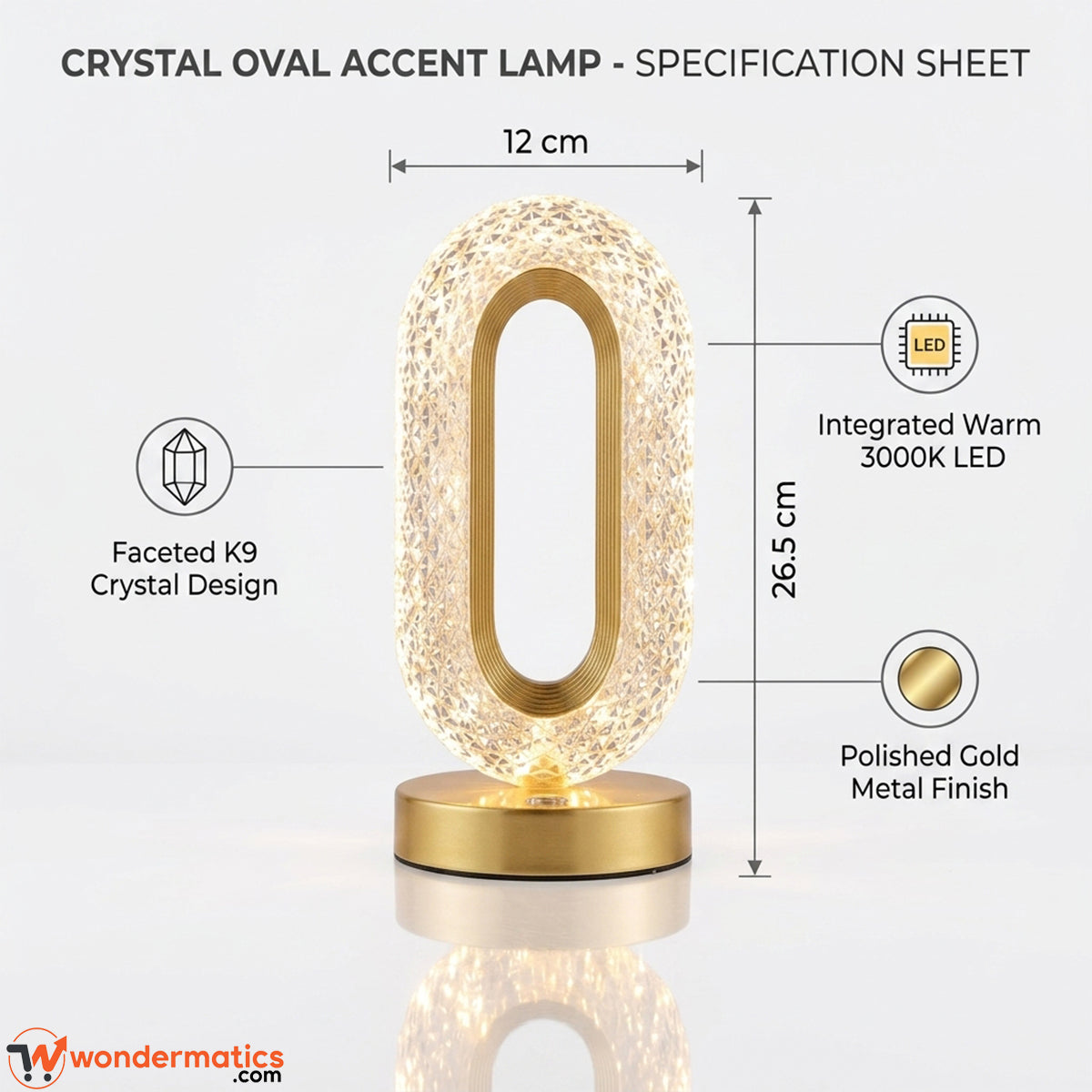 Oval crystal lamp shown with scale reference for size