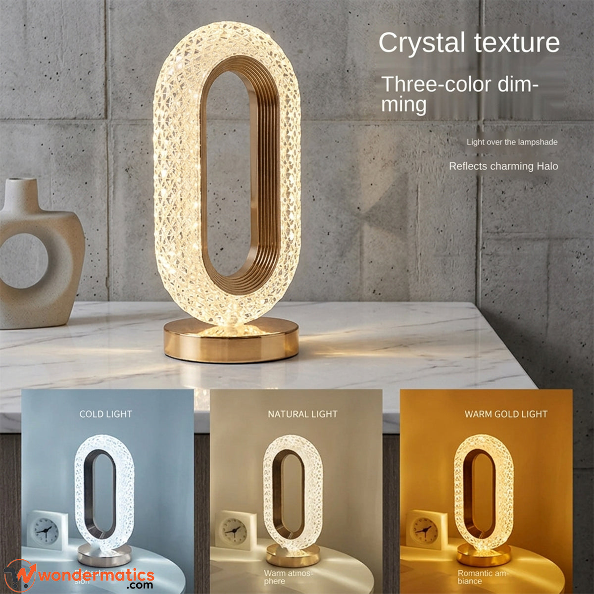 Crystal touch lamp glowing in warm white light mode