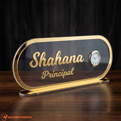 Personalized acrylic name clock for principal placed on an school office desk