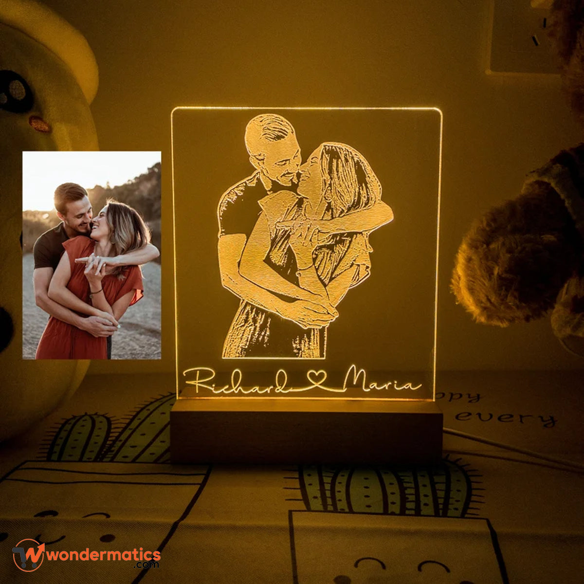 Personalized laser engraved acrylic night lamp with wooden LED base