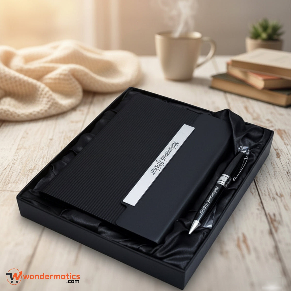 Personalized black notebook and pen gift set with magnetic closure