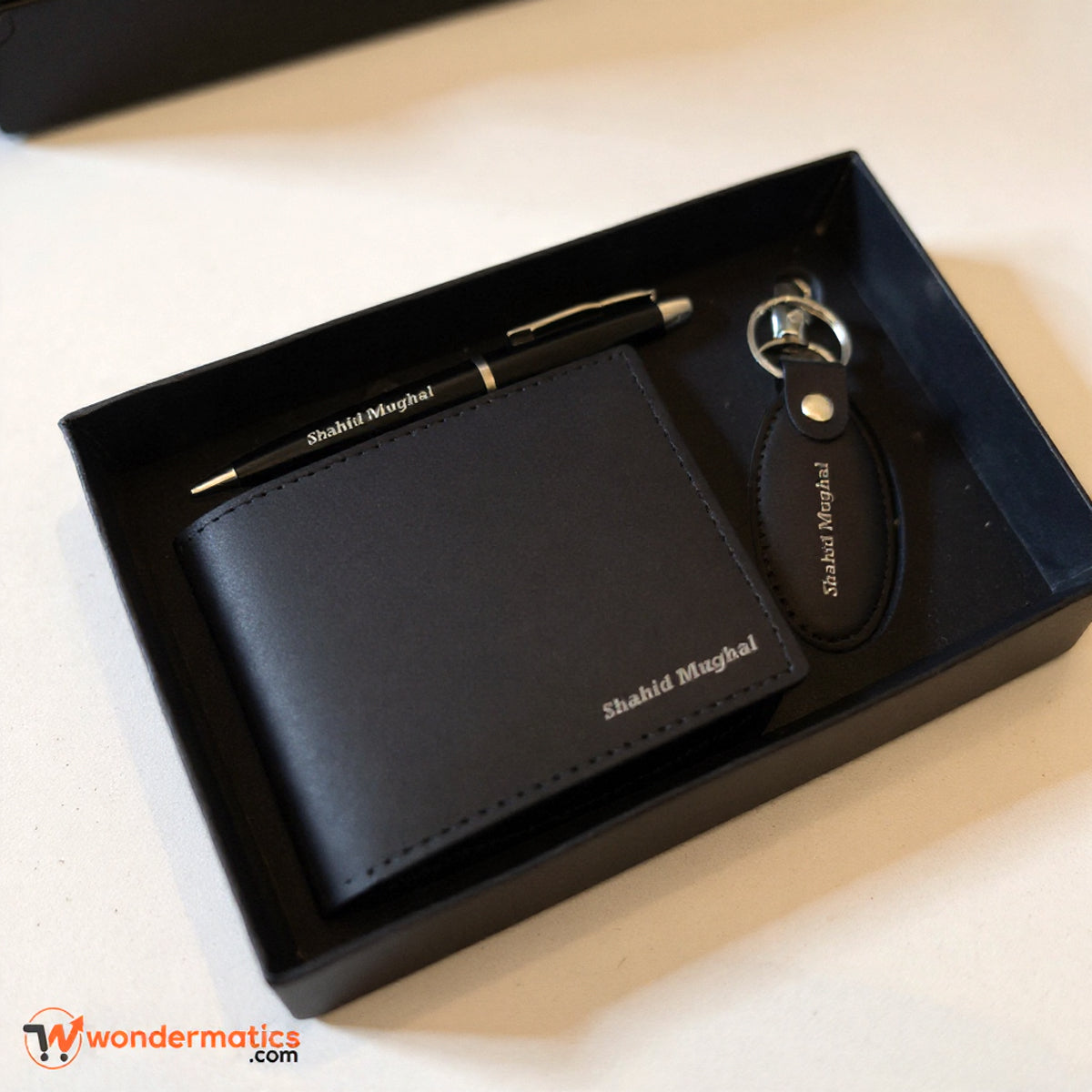 Custom men’s leather wallet, pen, and keychain gift set with name engraving