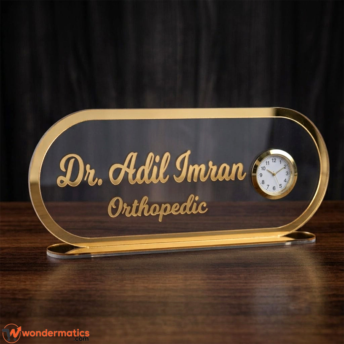Personalized acrylic table clock with custom name in golden finish