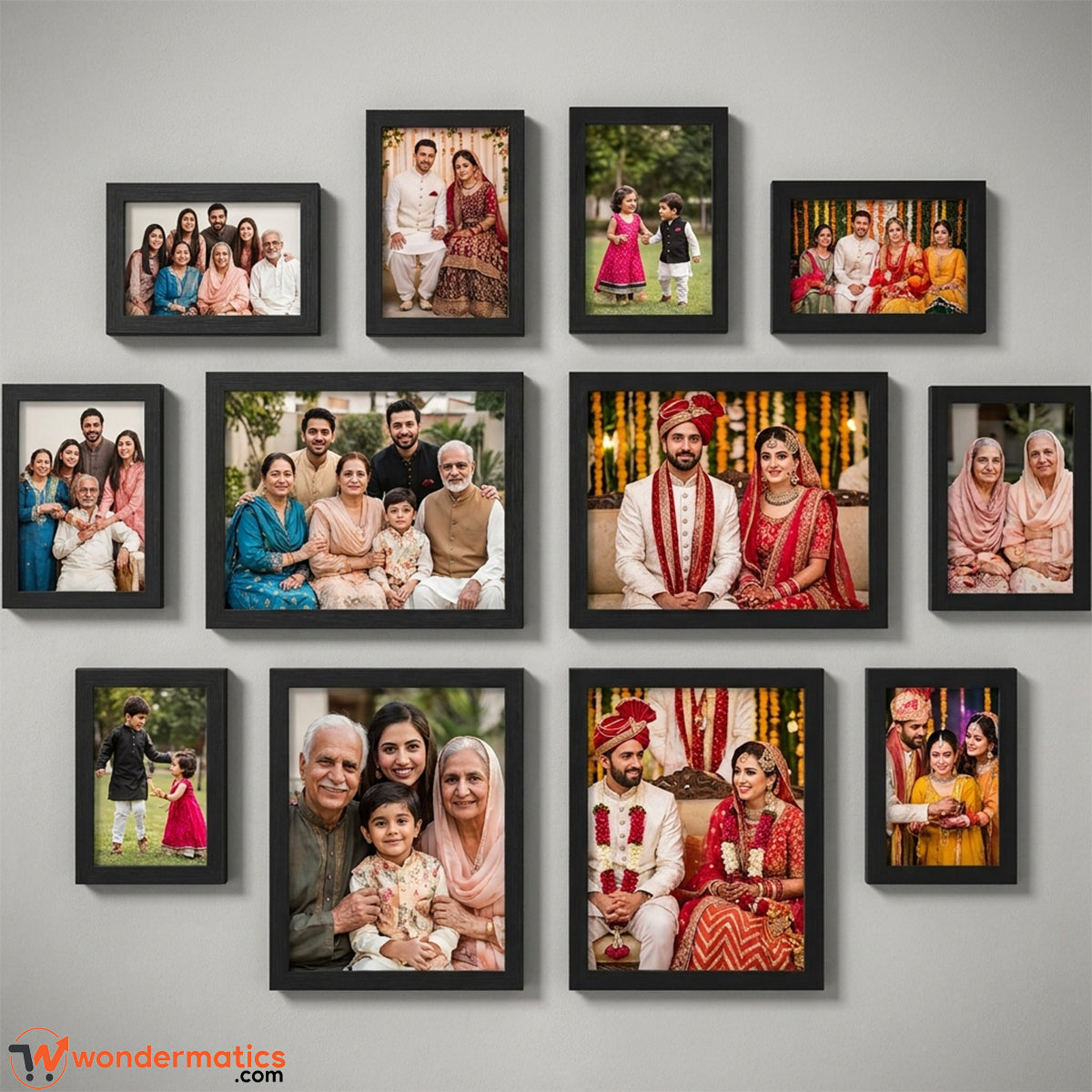 Photo frames filled with personal pictures for wall 