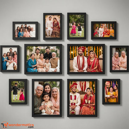 Photo frames filled with personal pictures for wall 