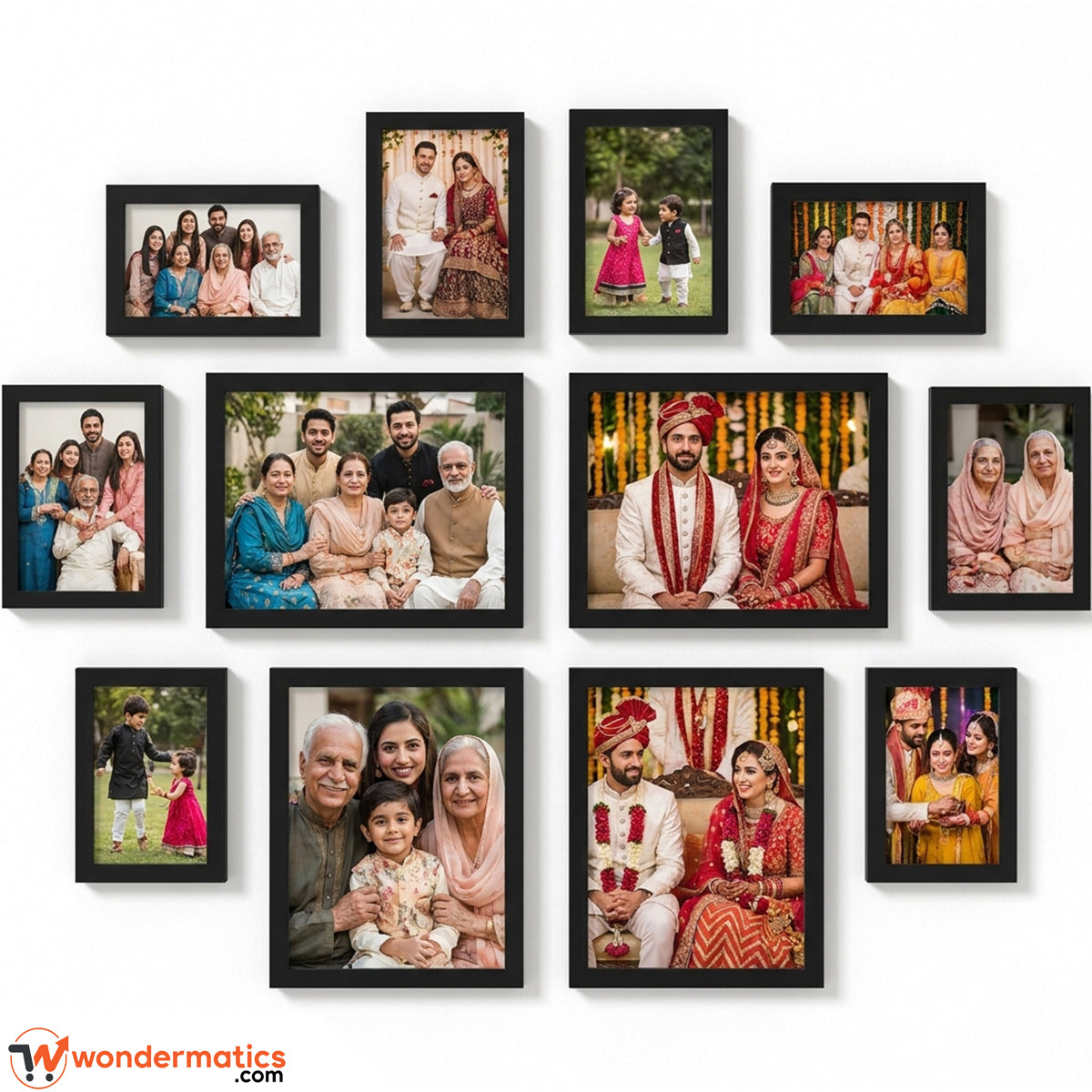 Photo frames filled with personal pictures and artwork