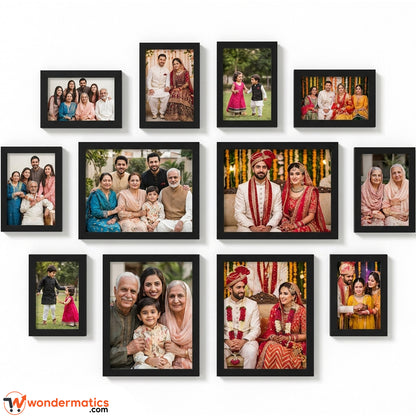 Photo frames filled with personal pictures and artwork