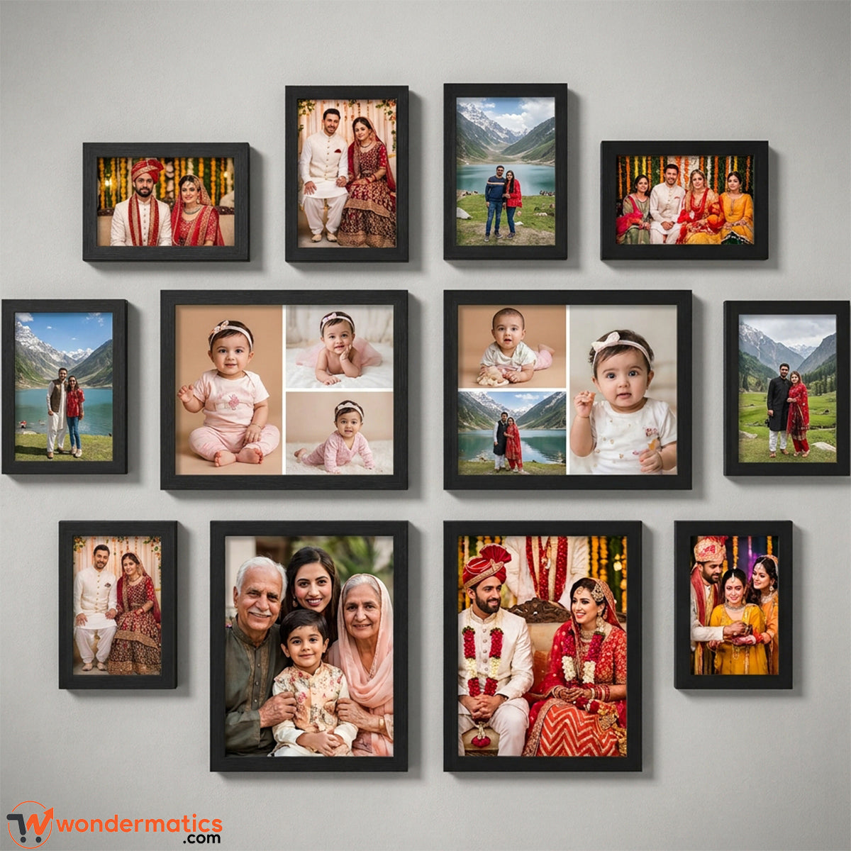 Set of 12 personalized wall photo frames in three sizes with front glass