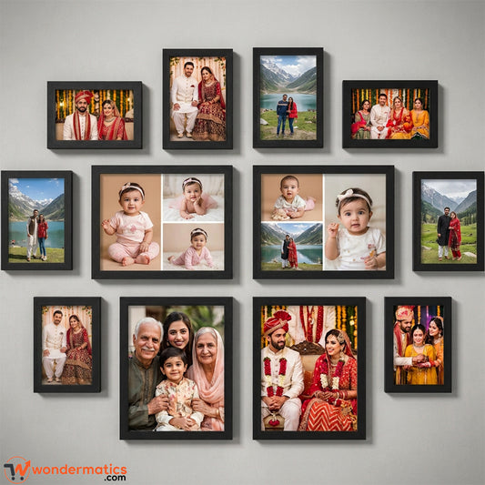 Set of 12 personalized wall photo frames in three sizes with front glass