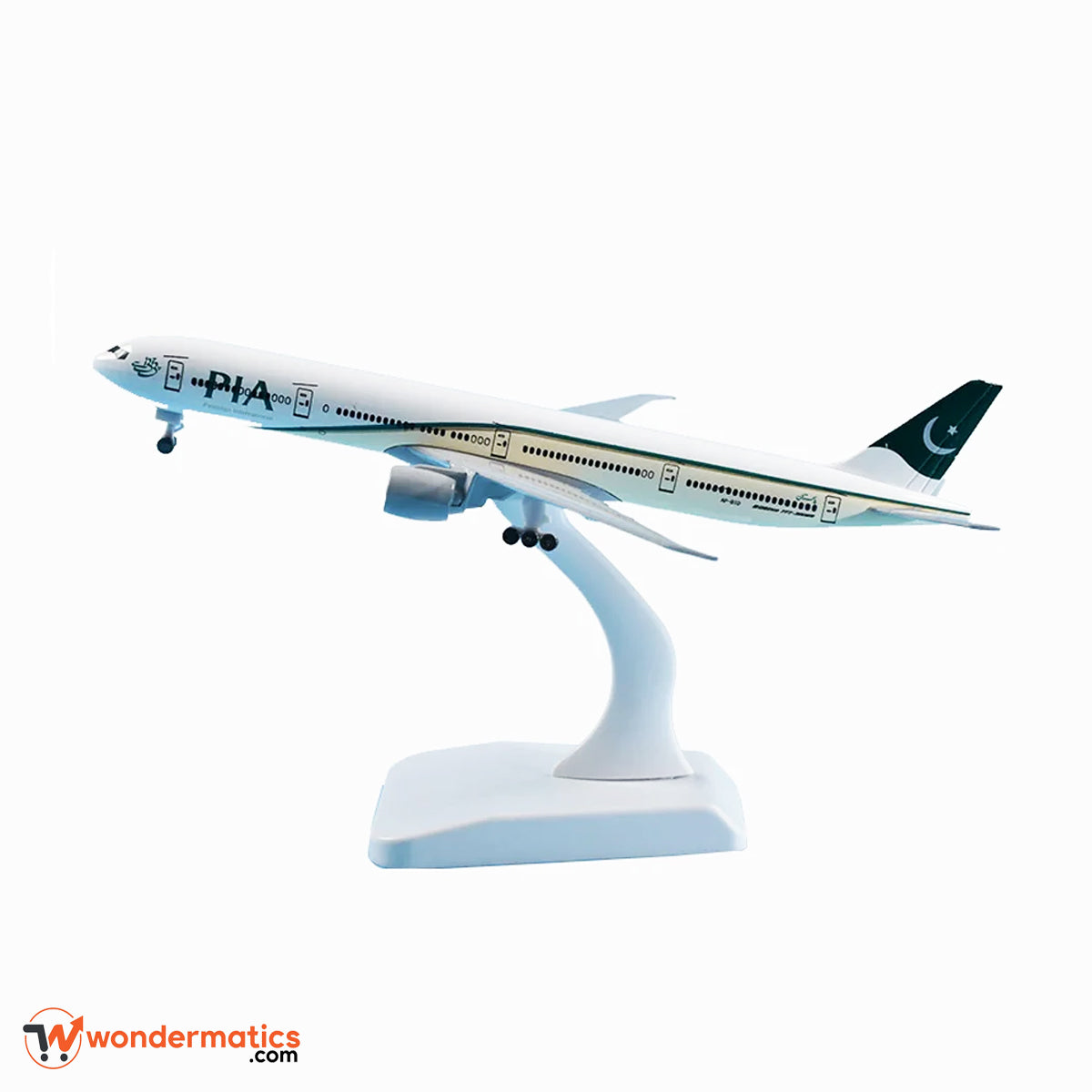 A scale model of a Pakistan Air Force Boeing 777 airplane on a white display stand, shown against a plain white background.