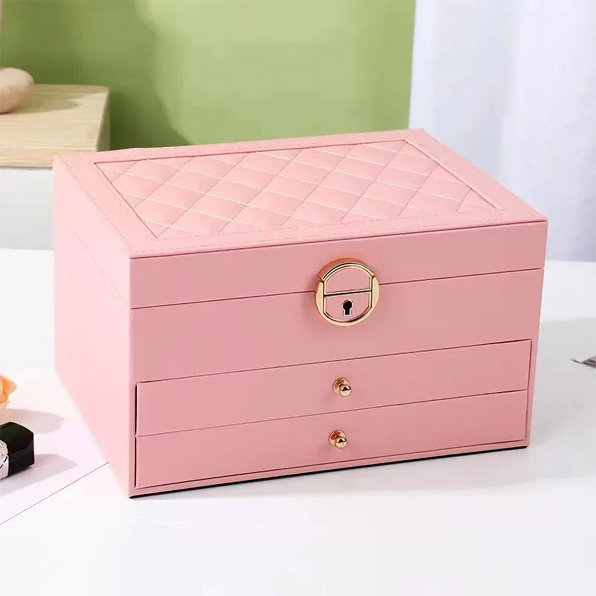 Jewelry box with secure lock and key feature and pull out drawers for women jewelry storage
