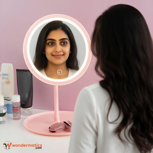 Pink LED Makeup Mirror – Rechargeable Beauty Mirror for Dressing Table