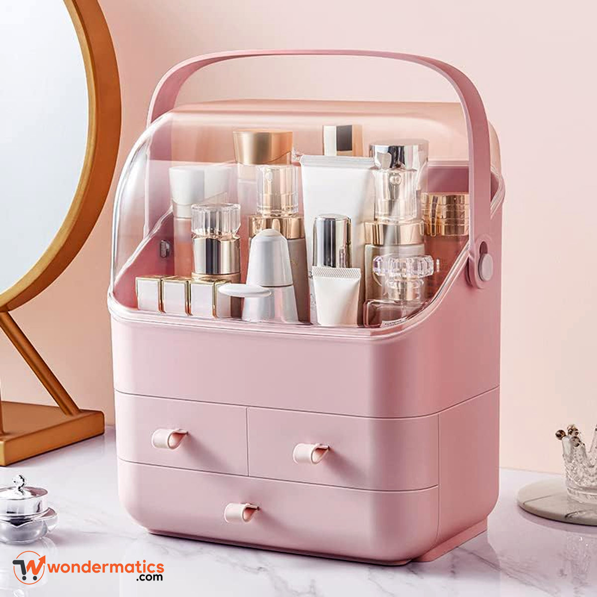 Elegant pink makeup organizer box with drawers for vanity and desk cosmetic storage