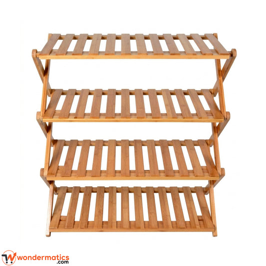 Portable bamboo shoe organizer with 4-tier folding wooden design for neat and organized shoe storage in Pakistani homes