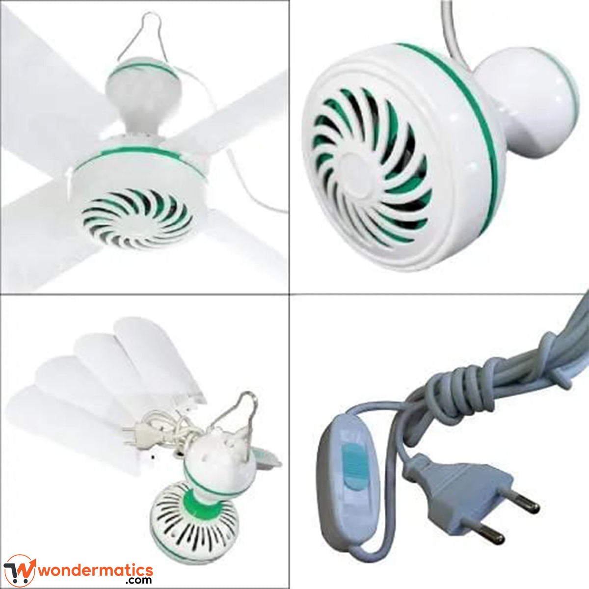 Portable hook ceiling fan 4 blade mini electric fan on white background