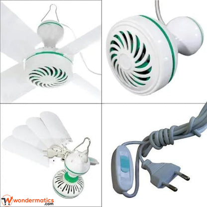Portable hook ceiling fan 4 blade mini electric fan on white background