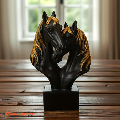black horse head sculpture with gold mane, luxury home décor statue, modern tabletop horse figurine, elegant fiber resin horse ornament, decorative horse head sculpture, stylish black and gold horse décor, premium horse sculpture for living room, office and shelf décor